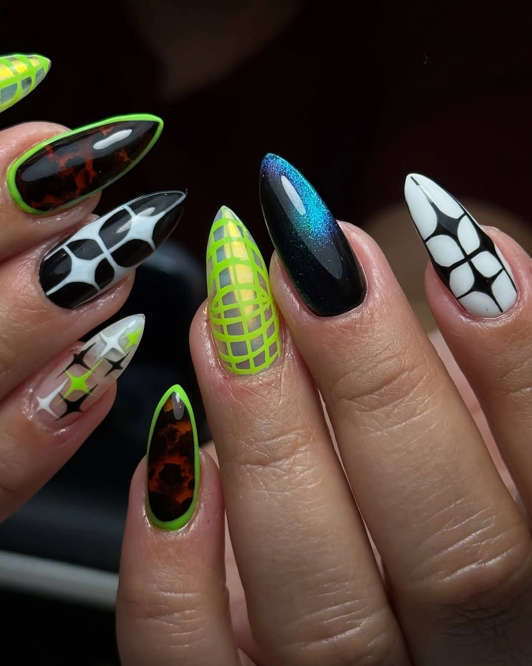 elegant fall long nails 2026 dark graphic neon almond nails