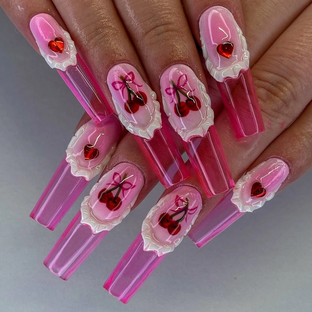 elegant fall long nails 2026 pink cherry square nails