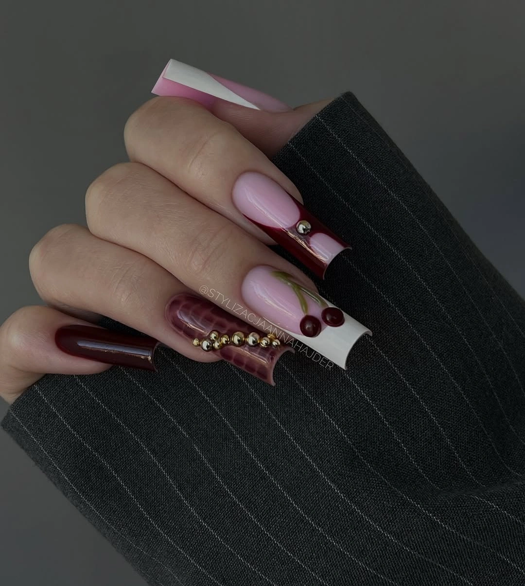 elegant fall long nails 2026 burgundy blush cherry nail design