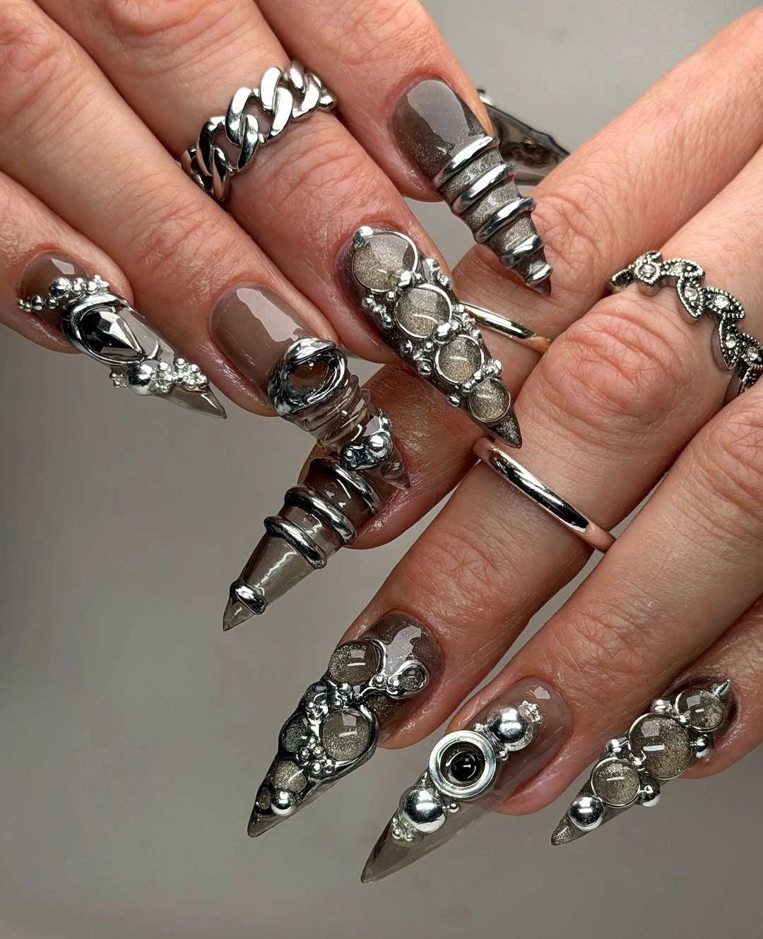 elegant fall long nails 2026 chrome silver embellished nails