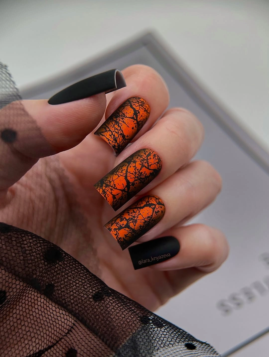 elegant fall matte nails 2026 Burnt Orange Crackle Matte Coffin Nails