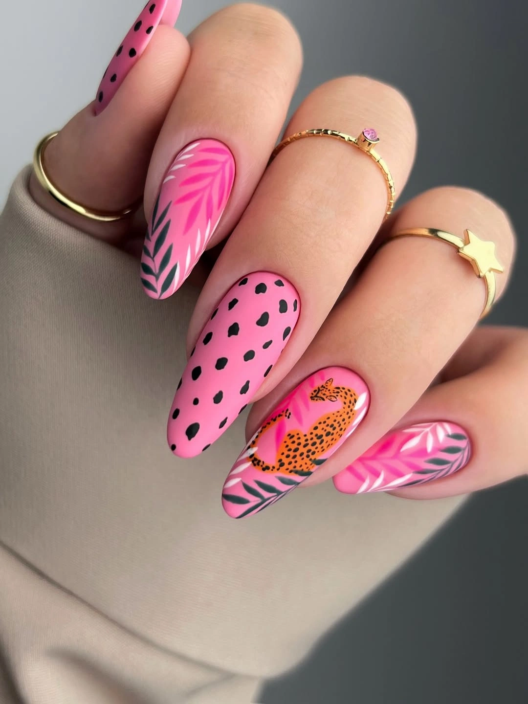 elegant fall matte nails 2026 Pink Jungle Matte Almond Nails