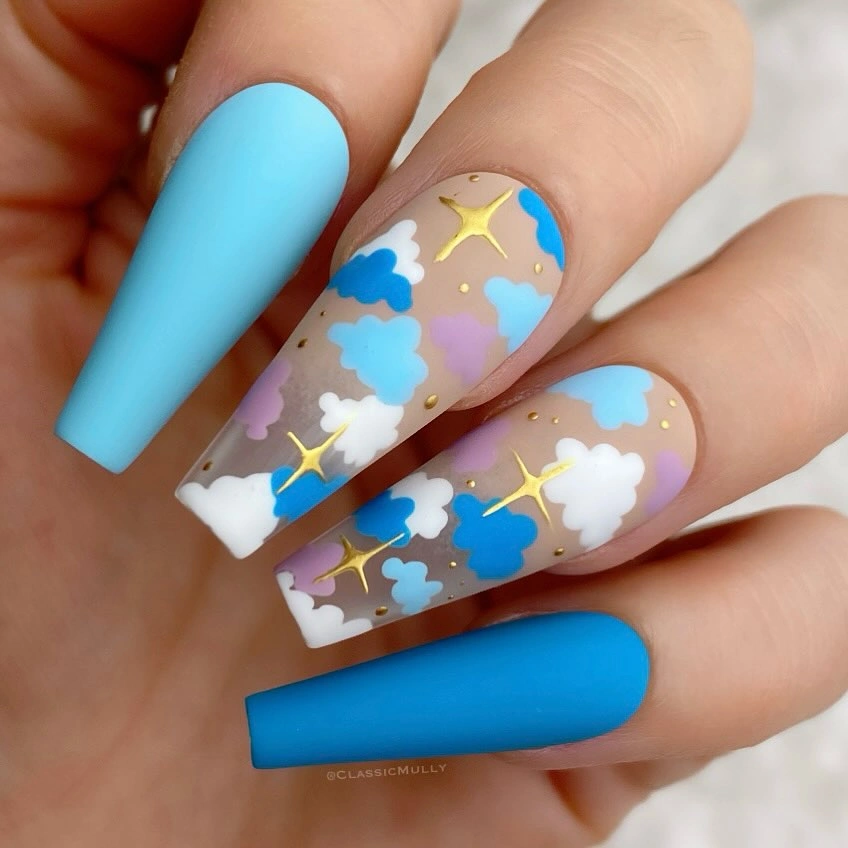 elegant fall matte nails 2026 Blue Matte Cloud Coffin Nails