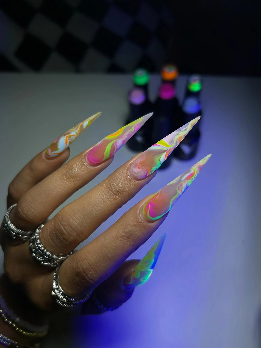 elegant fall matte nails 2026 Neon Marble Stiletto Nails