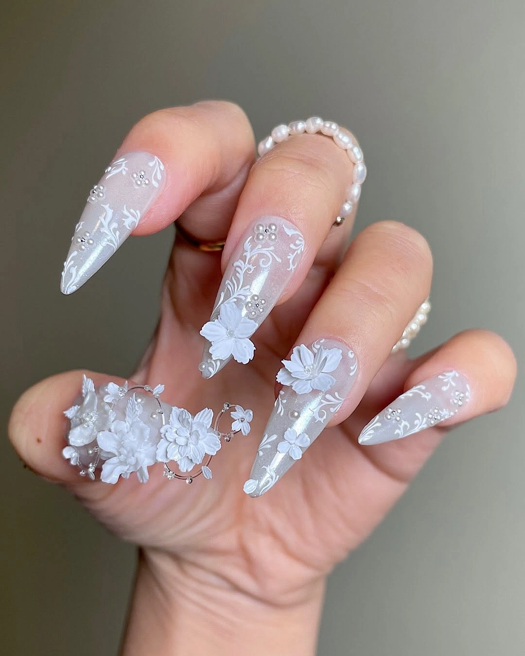elegant fall matte nails 2026 White Floral Matte Stiletto Nails