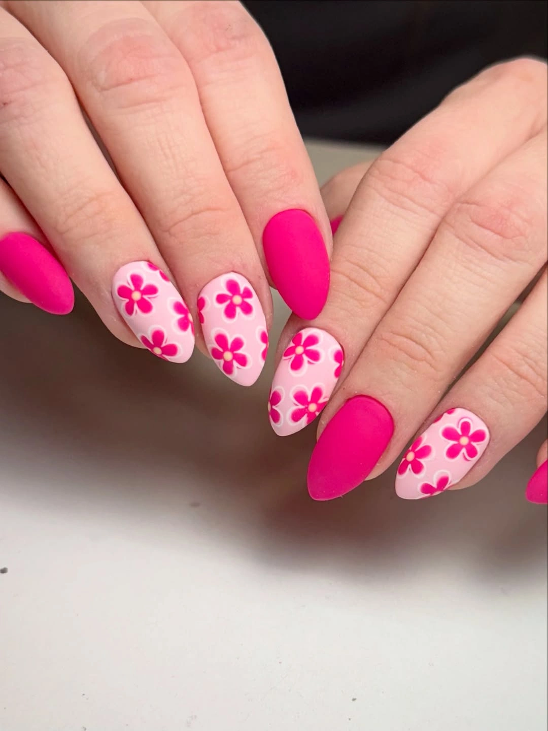 elegant fall matte nails 2026 Hot Pink Matte Floral Almond Nails