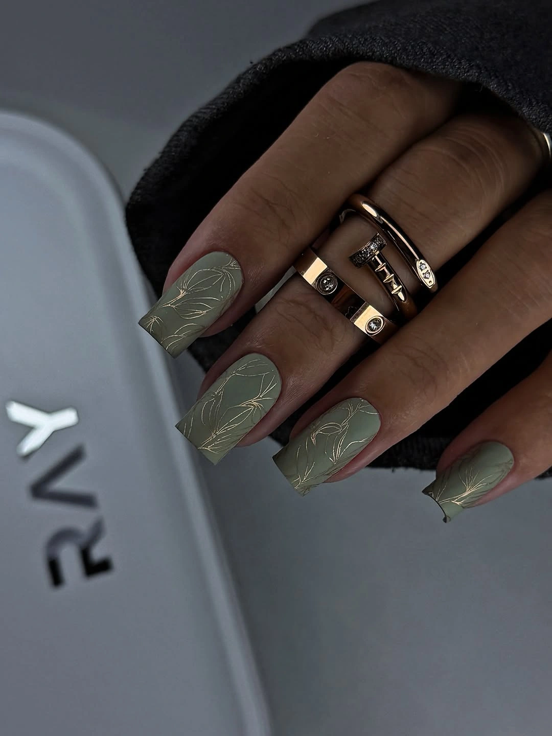 elegant fall matte nails 2026 Sage Green Matte Nails With Fine Gold Botanicals