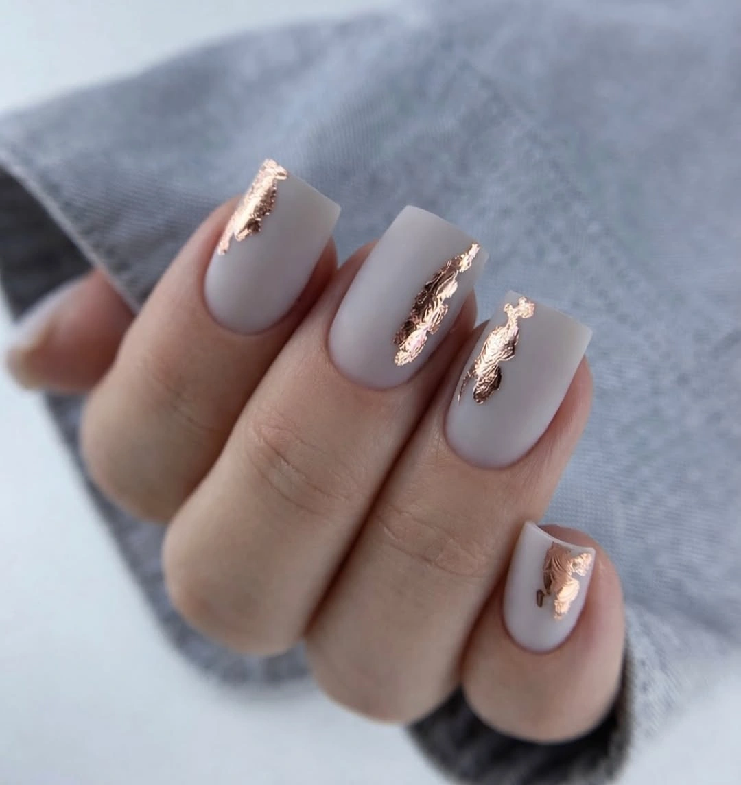elegant fall matte nails 2026 Milky Matte Square Nails With Rose Gold Foil