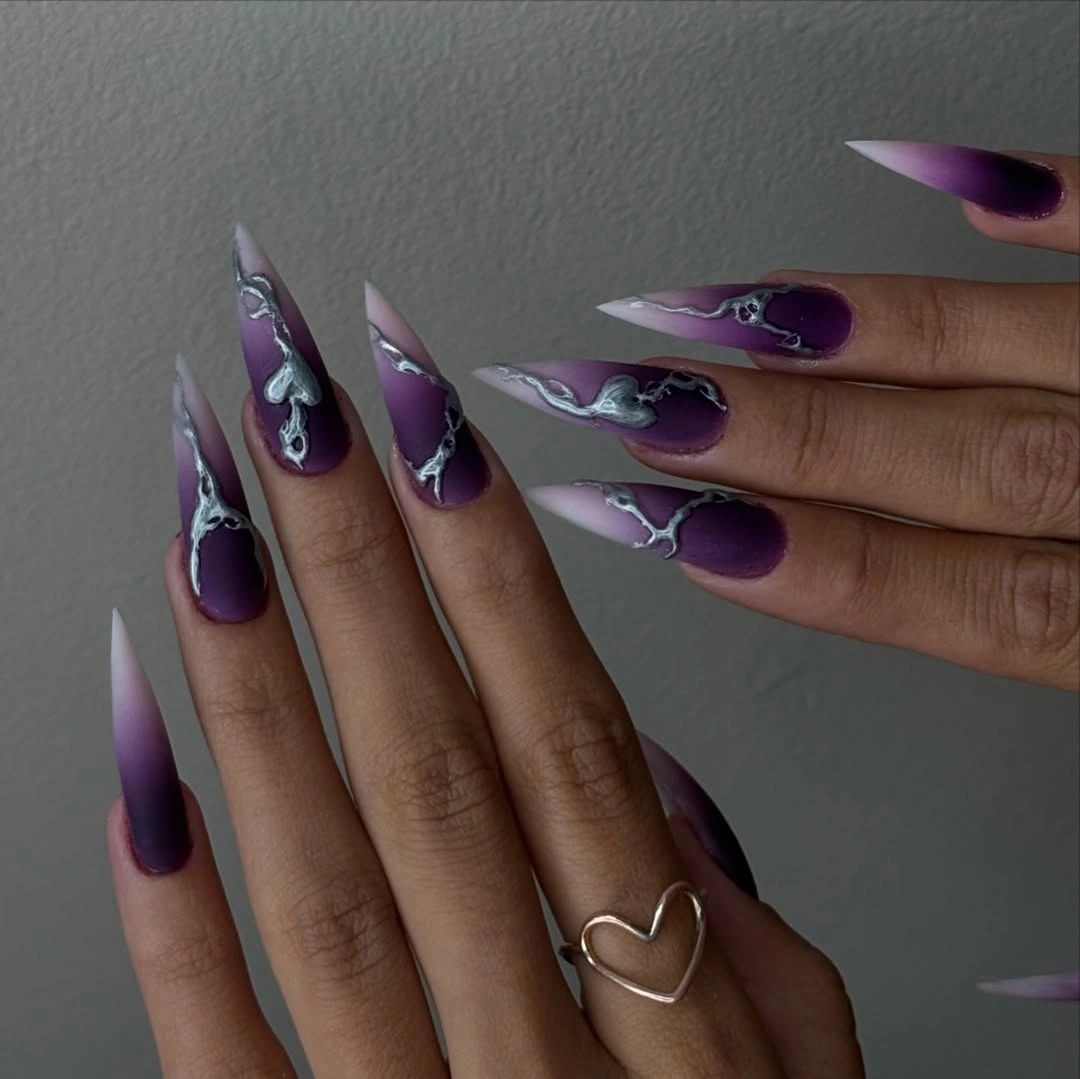 elegant fall matte nails 2026 Plum Ombre Stiletto Nails With Silver Art
