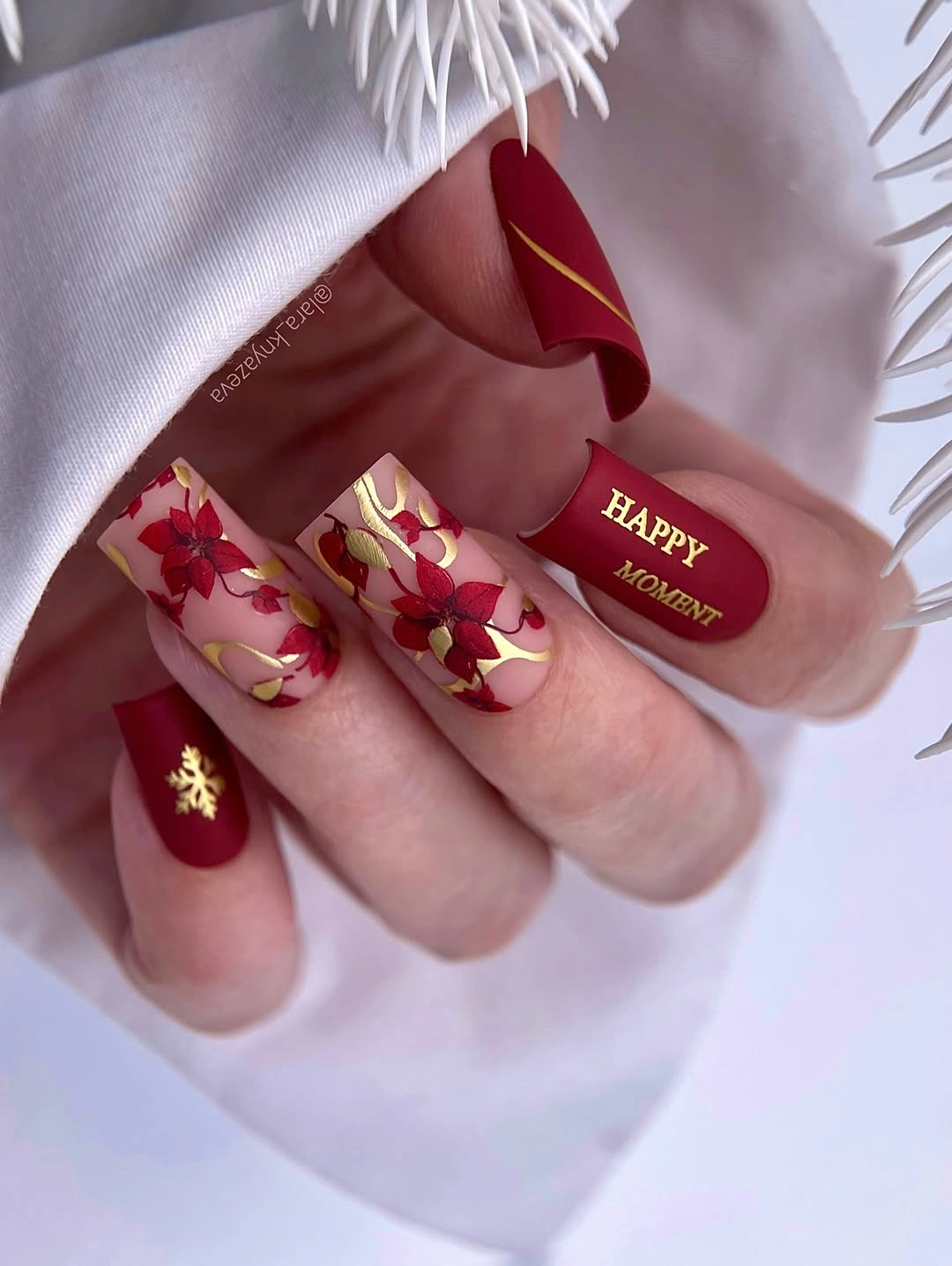 elegant fall matte nails 2026 Burgundy Matte Nails With Gold Florals