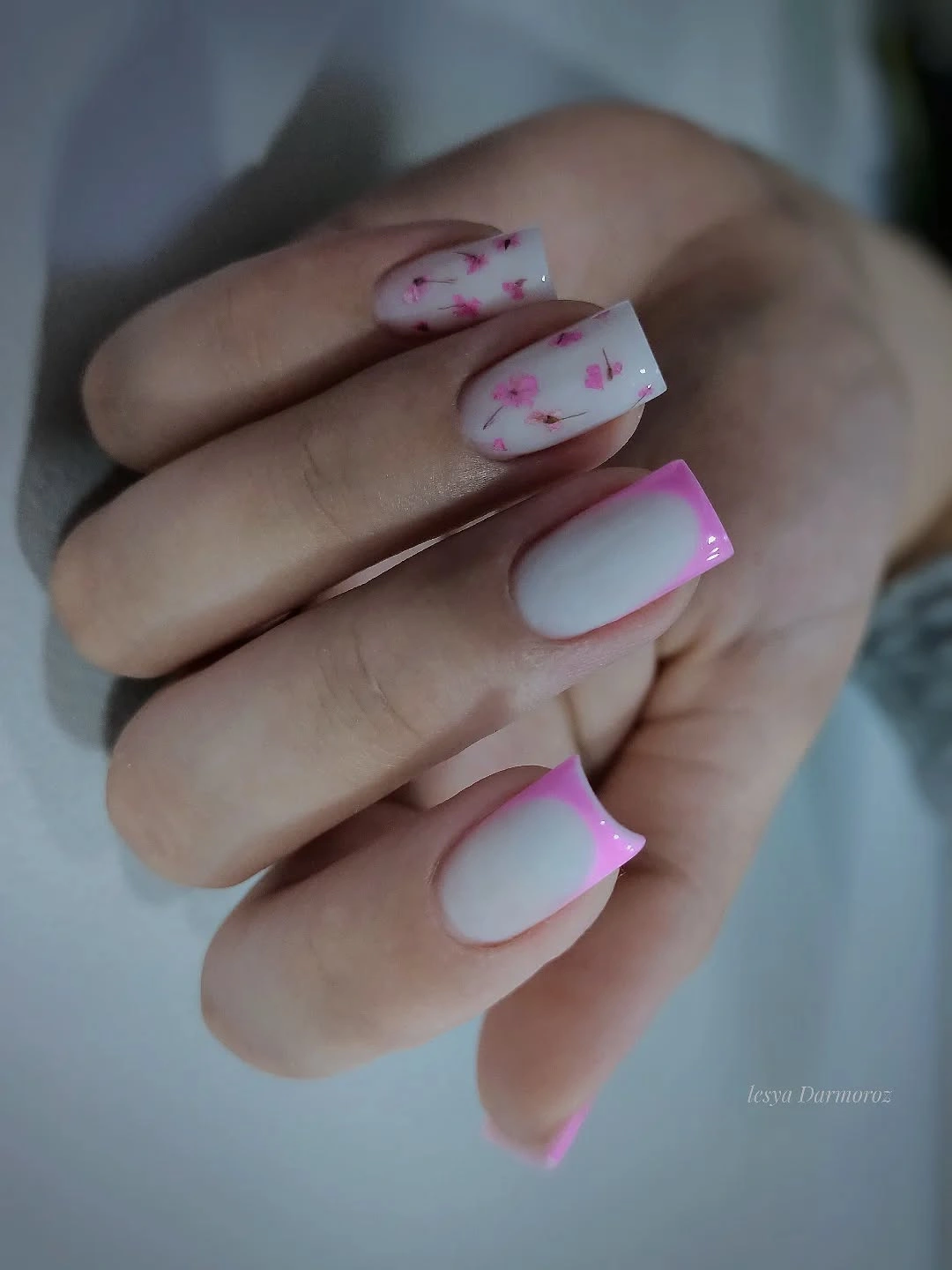 flattering fall nails for olive skin tone 2026 Milky Pink Floral Square Nails