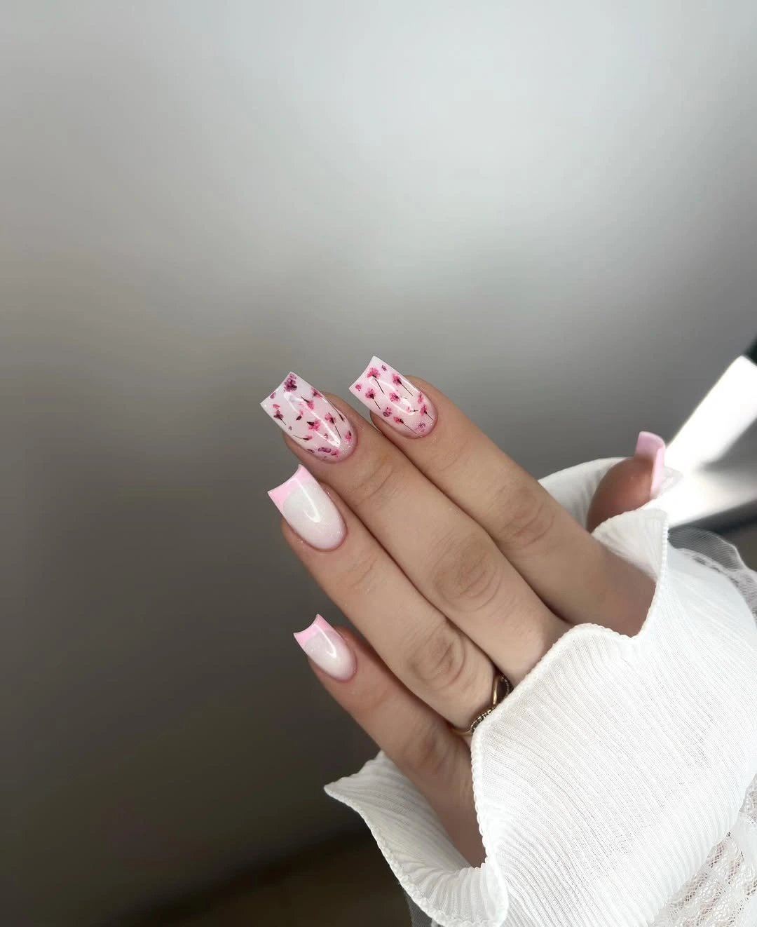 flattering fall nails for olive skin tone 2026 Pressed Pink Floral French