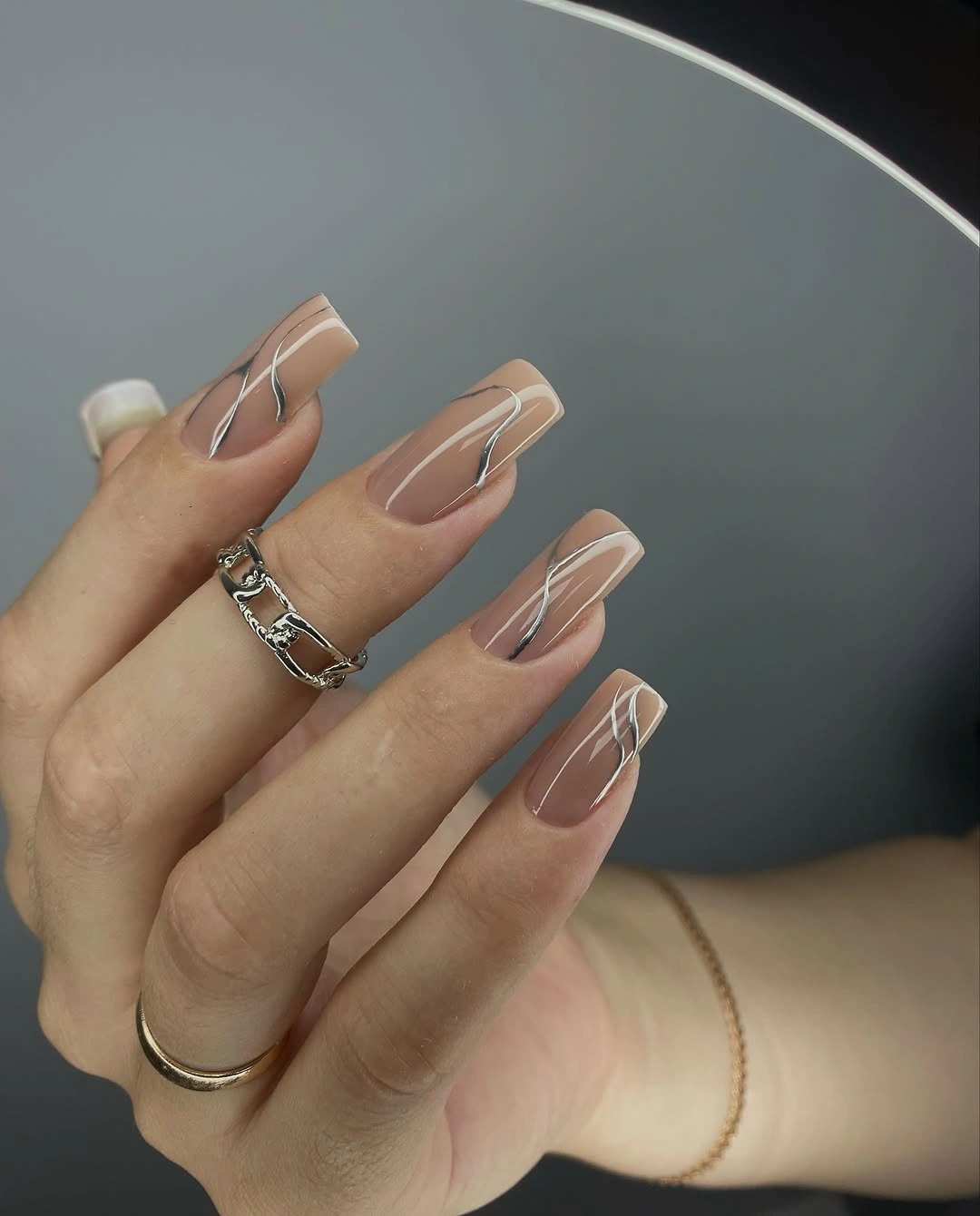 flattering fall nails for olive skin tone 2026 Mocha Lines With Silver Details