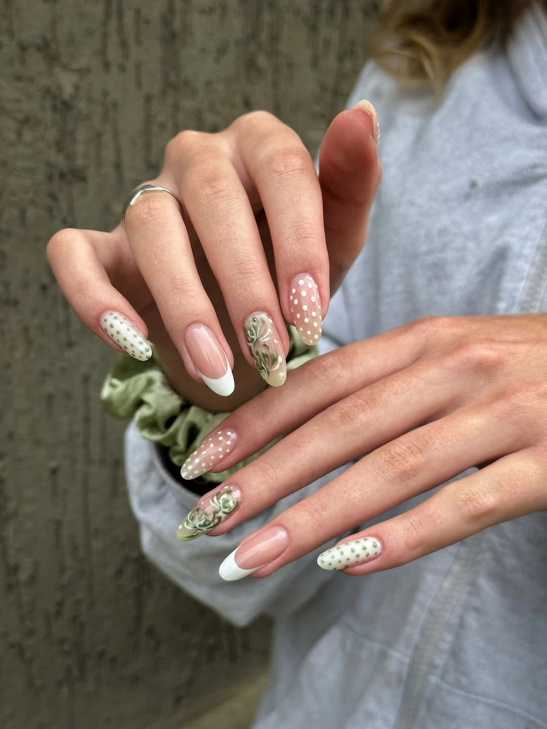 flattering fall nails for olive skin tone 2026 Sage Florals and Polka Dots