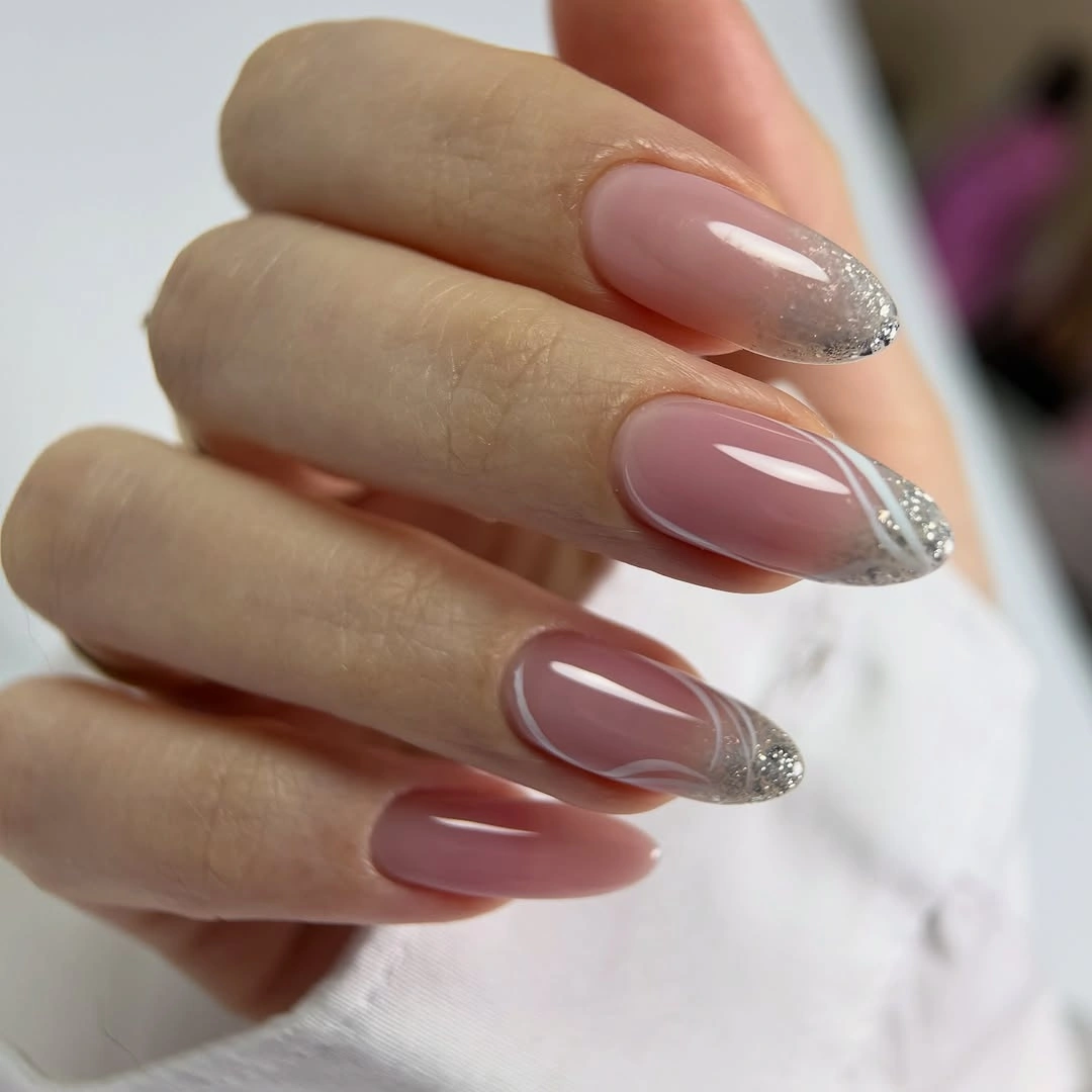flattering fall nails for olive skin tone 2026 Silver Glitter Glass Tips