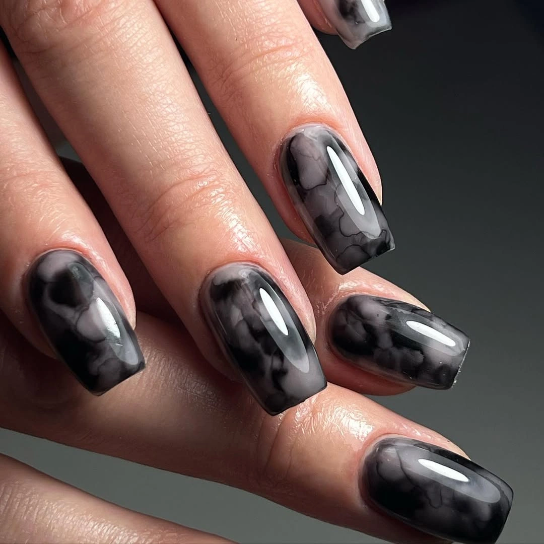 gorgeous fall dark nail shadow ideas 2026 Smoky Black Marble Squares