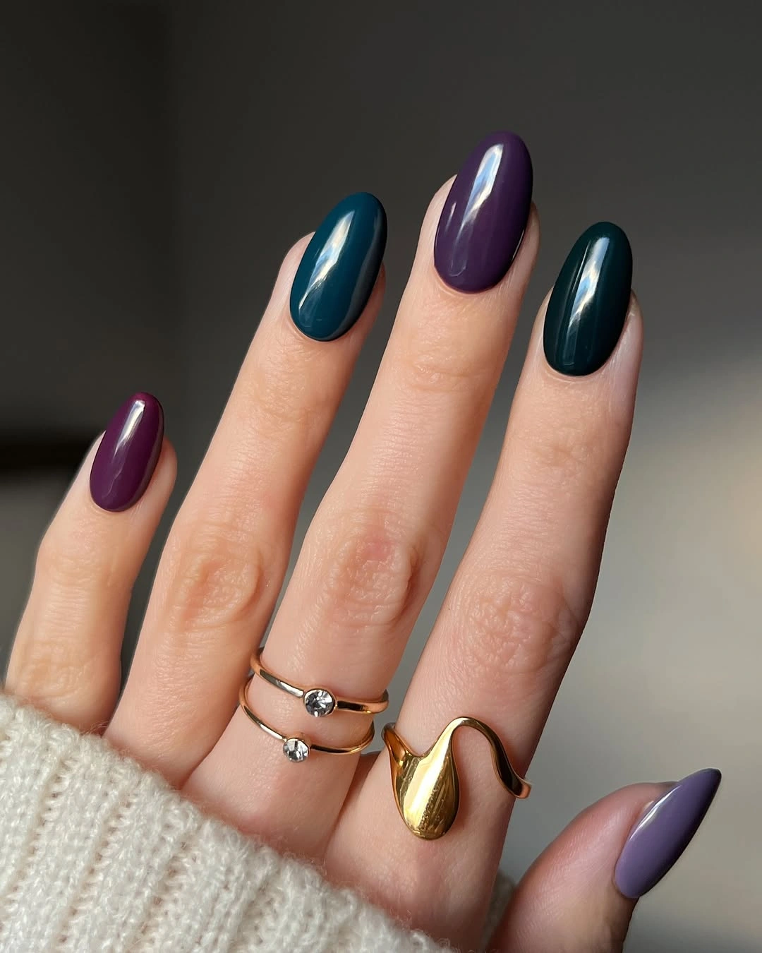 gorgeous fall dark nail shadow ideas 2026 Deep Teal and Purple Color Mix