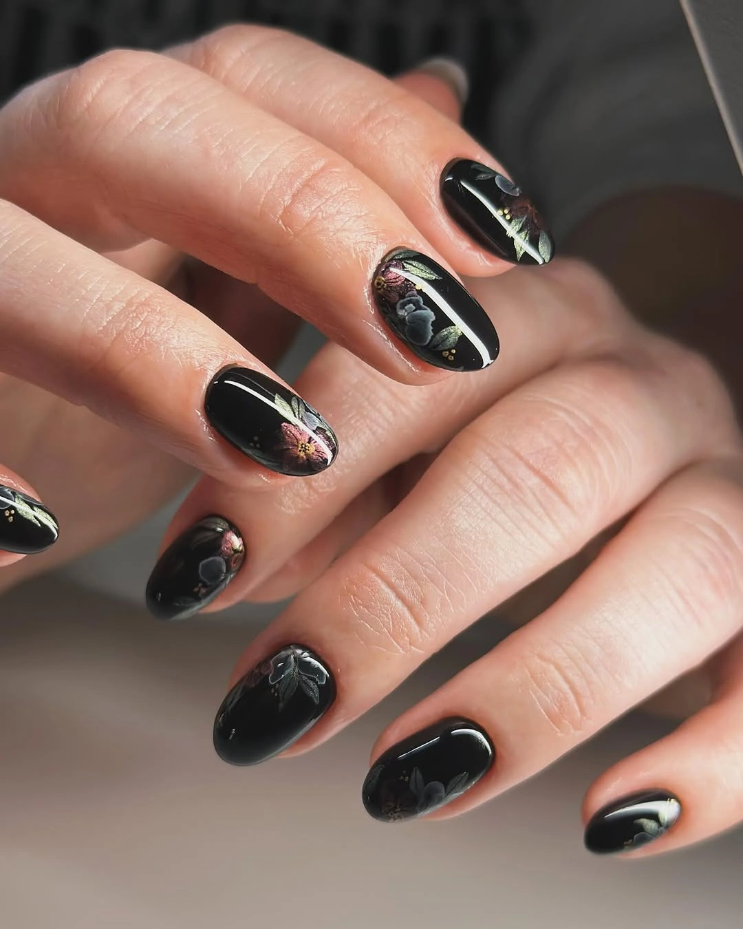 gorgeous fall dark nail shadow ideas 2026 Midnight Pressed Flowers
