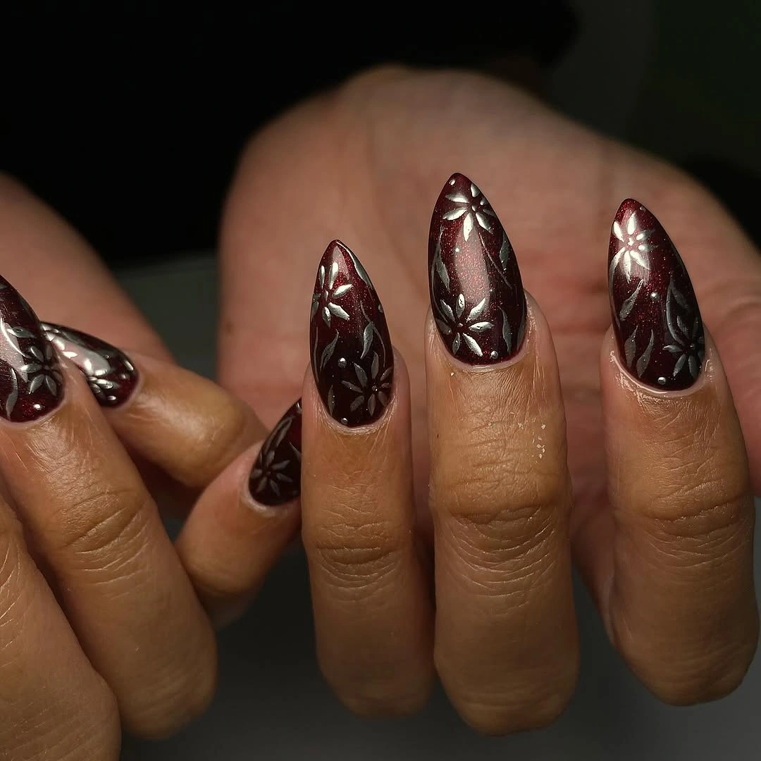 gorgeous fall dark nail shadow ideas 2026 Burgundy Botanical Shimmer