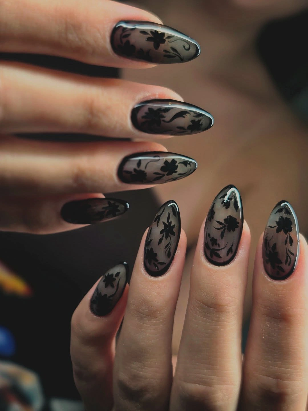 gorgeous fall dark nail shadow ideas 2026 Sheer Black Floral Veil