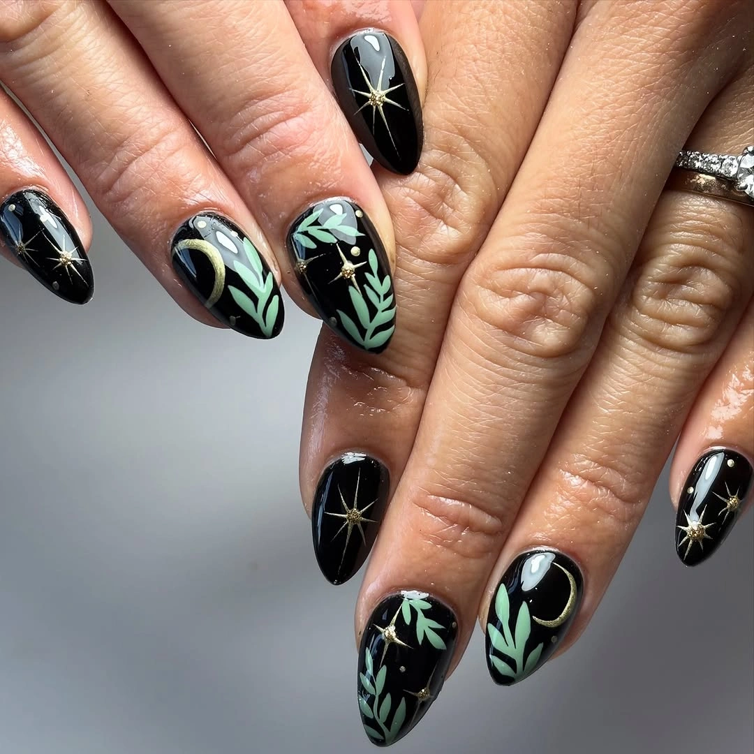 gorgeous fall dark nail shadow ideas 2026 Midnight Botanical Moon Nails