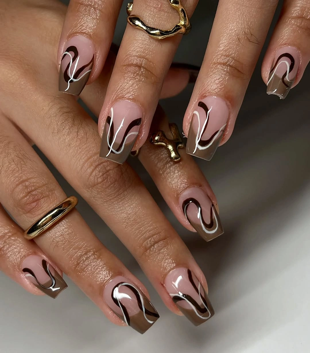 gorgeous fall short coffin nails designs Chocolate Brown And White Abstract Coffin Nails