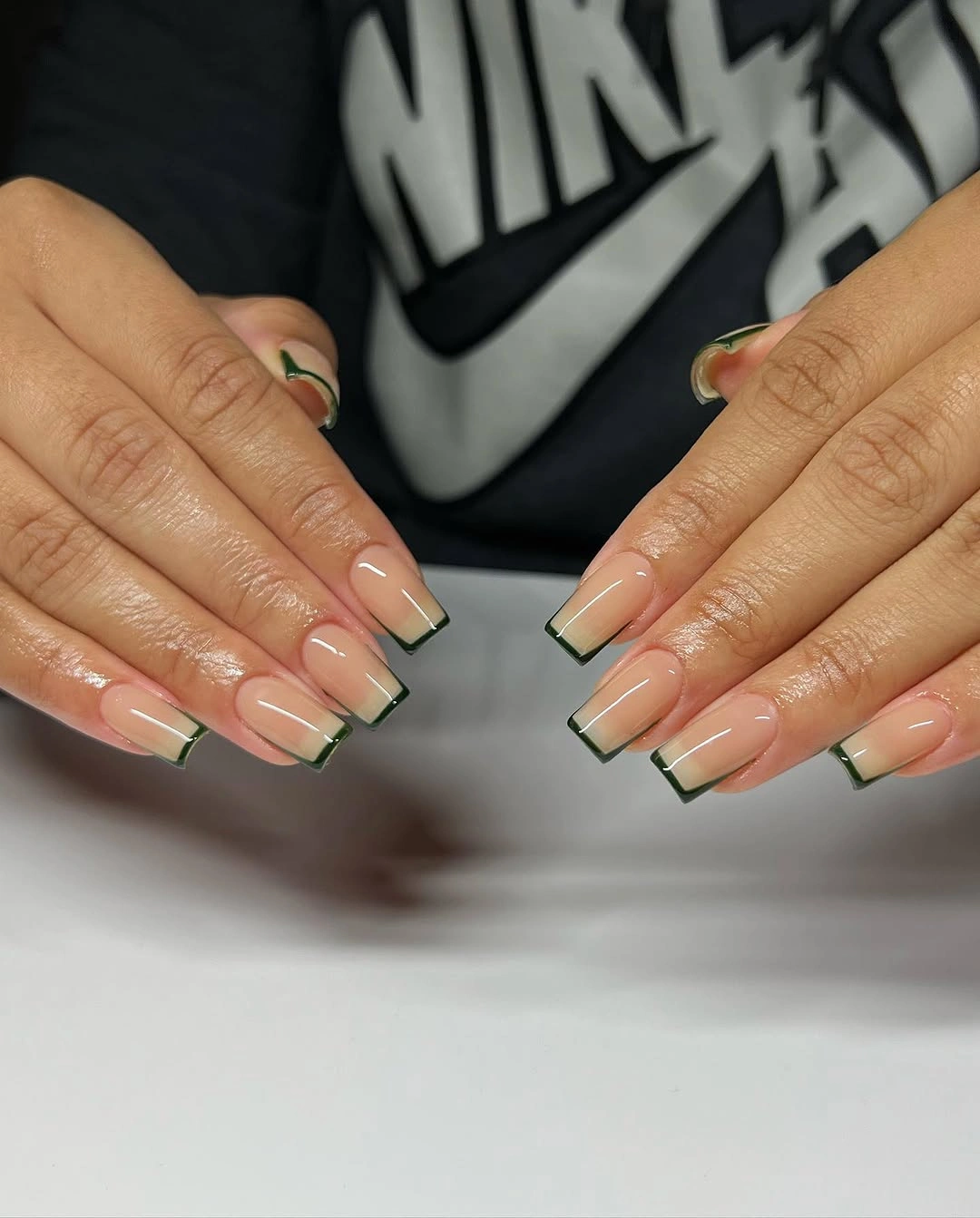 gorgeous fall short coffin nails designs Minimal Olive Green French Tips