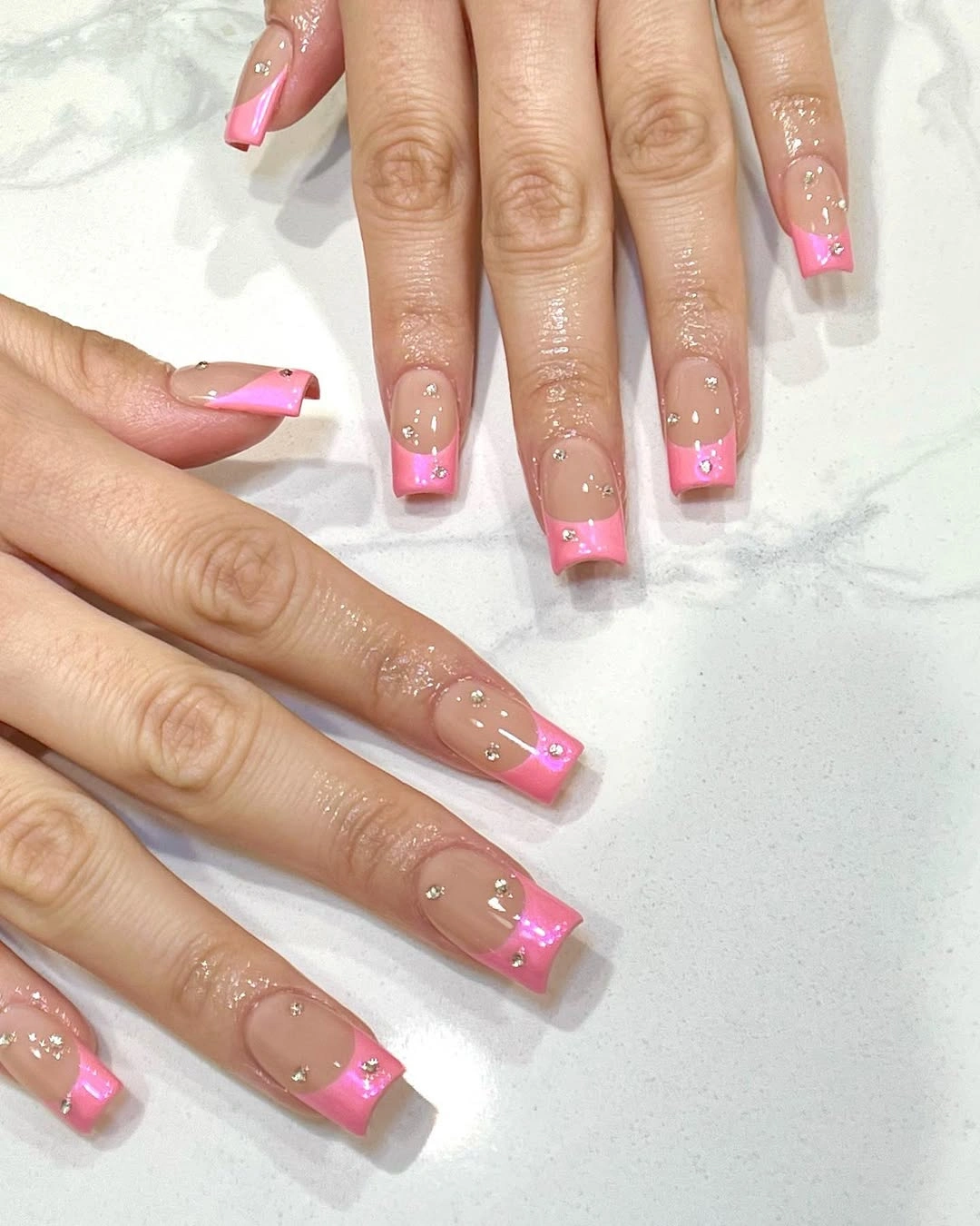 gorgeous fall short coffin nails designs Pink French Coffin Nails With Rhinestones