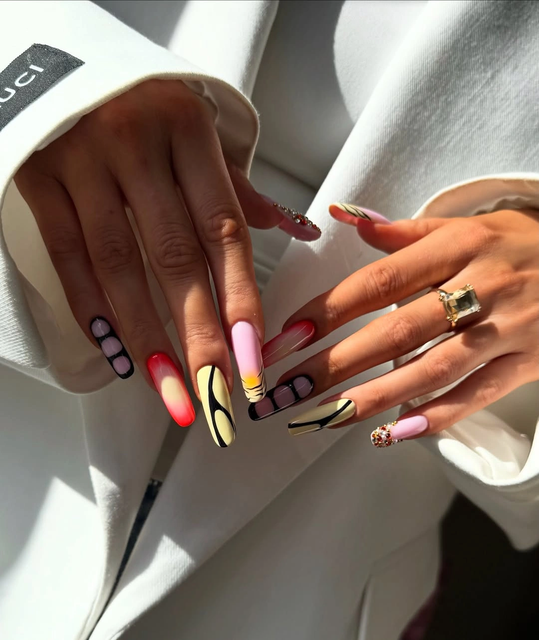 gorgeous fall trendy nails 2026 Playful Pink And Lemon Abstract Nails