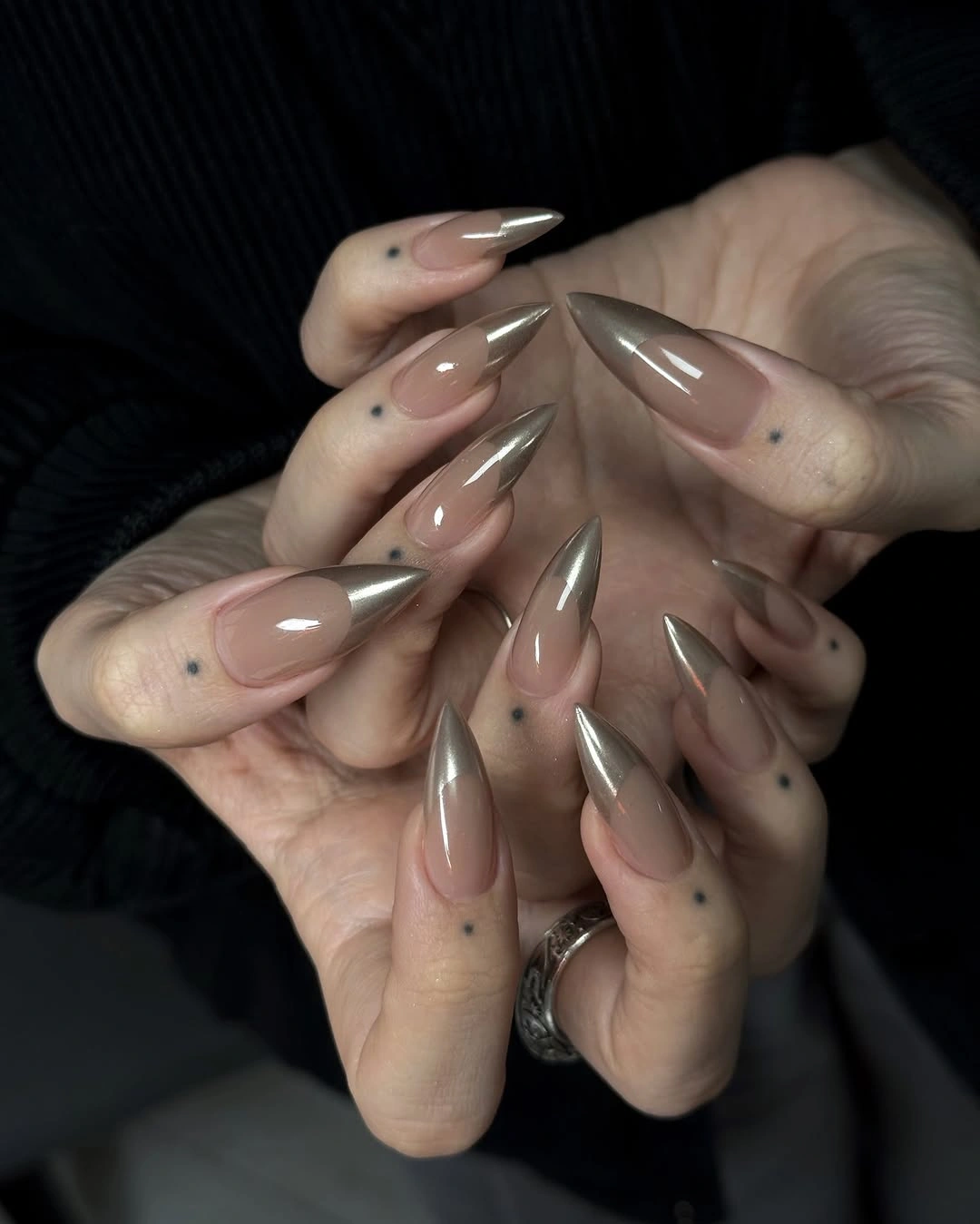 gorgeous fall trendy nails 2026 Soft Nude Nails With Sculpted Silver Tips