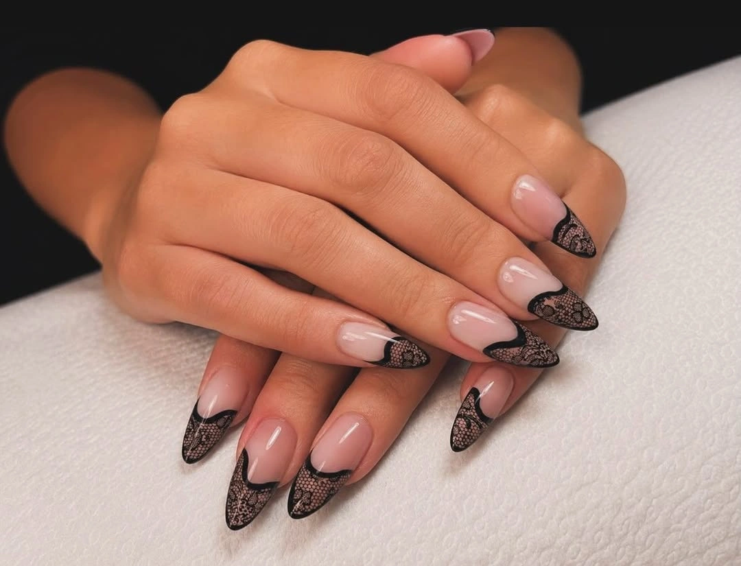 gorgeous october nail colours 2026 Black Lace French With a Romantic Finish
