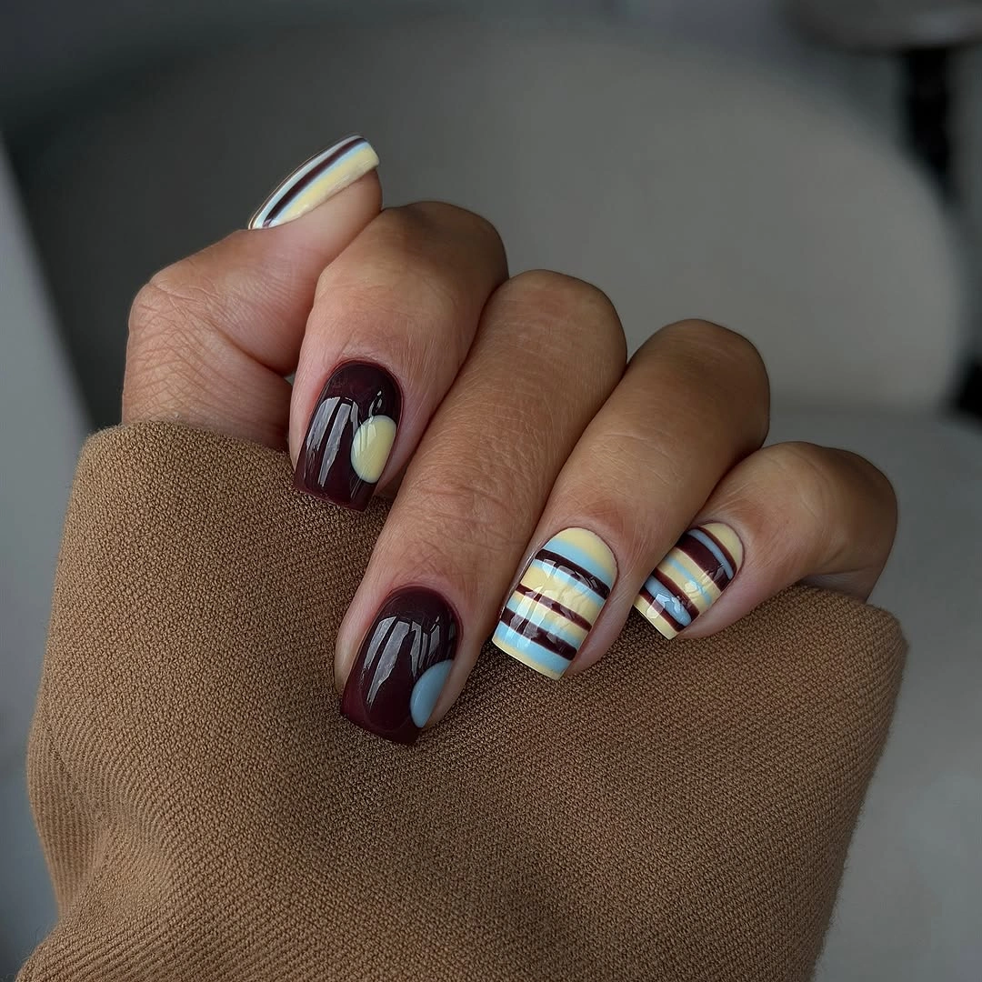 gorgeous october nail colours 2026 Chocolate and Pastel Stripe Autumn Nails