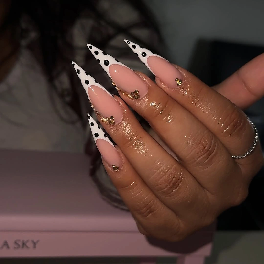 gorgeous october nail colours 2026 Almond Polka Dot French With Gold Accents