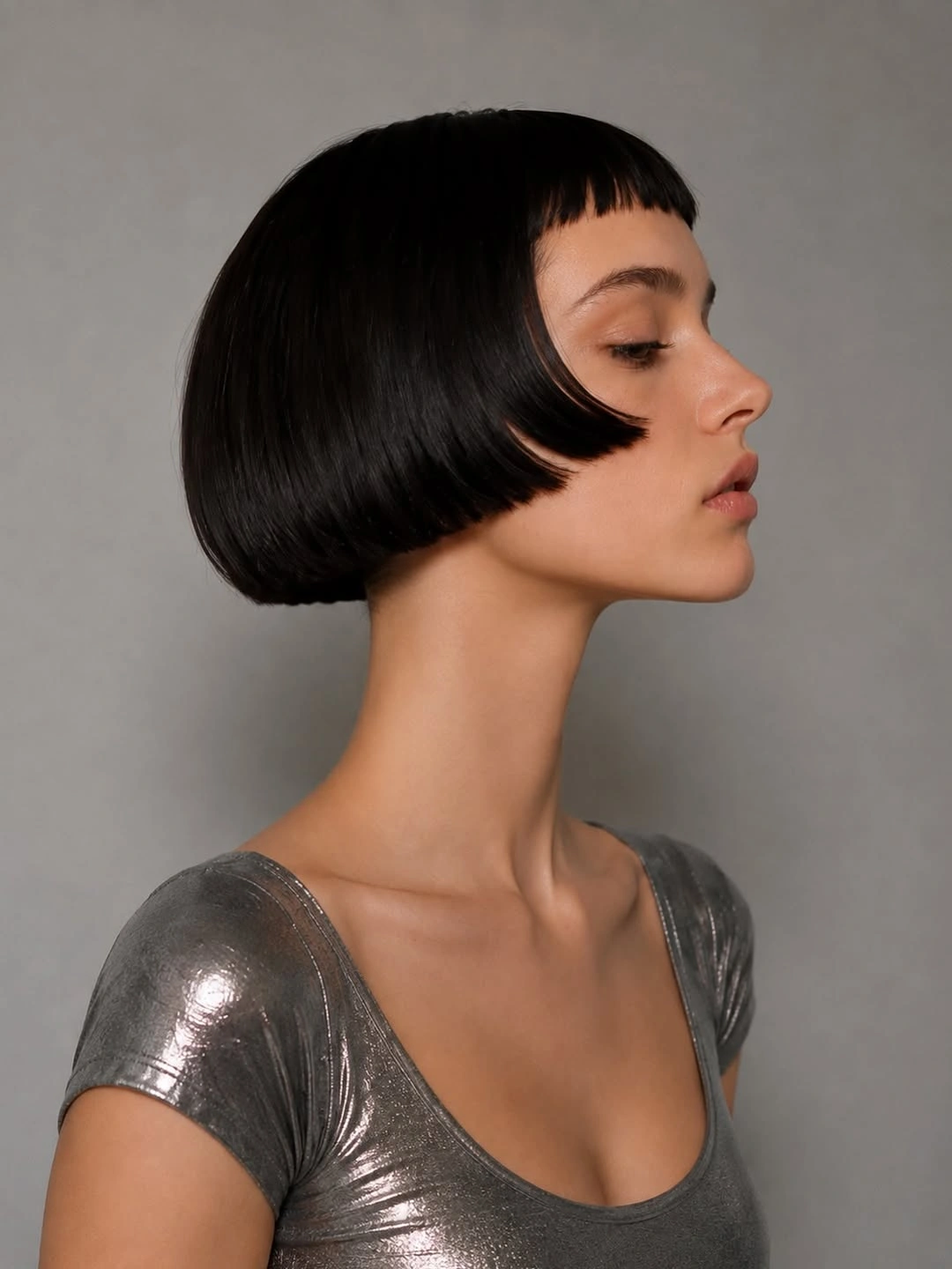 layered bob hair sleek Black bob with micro Bangs