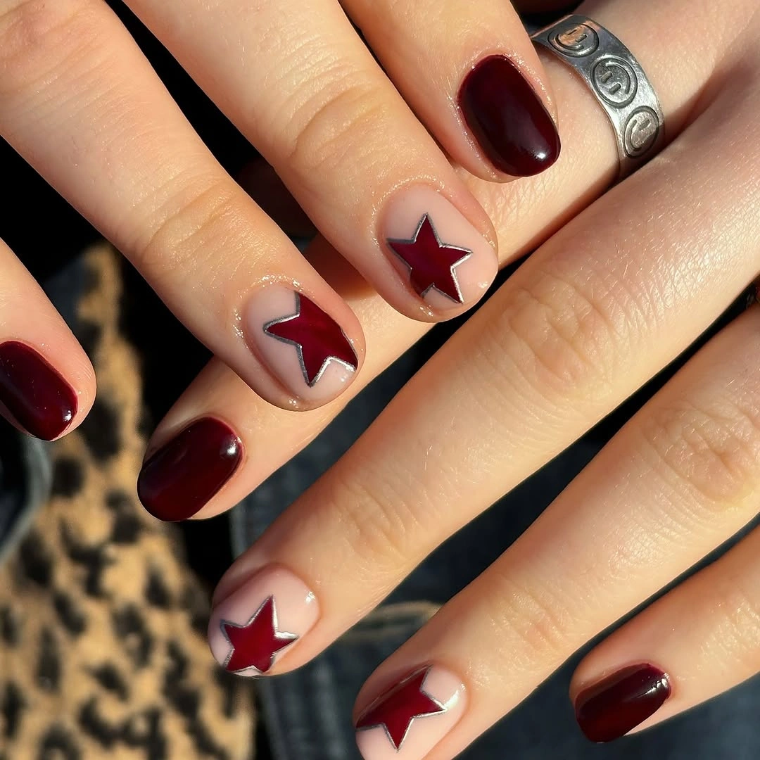 luxurious maroon fall nails 2026 Short Burgundy Stars With Silver Edges