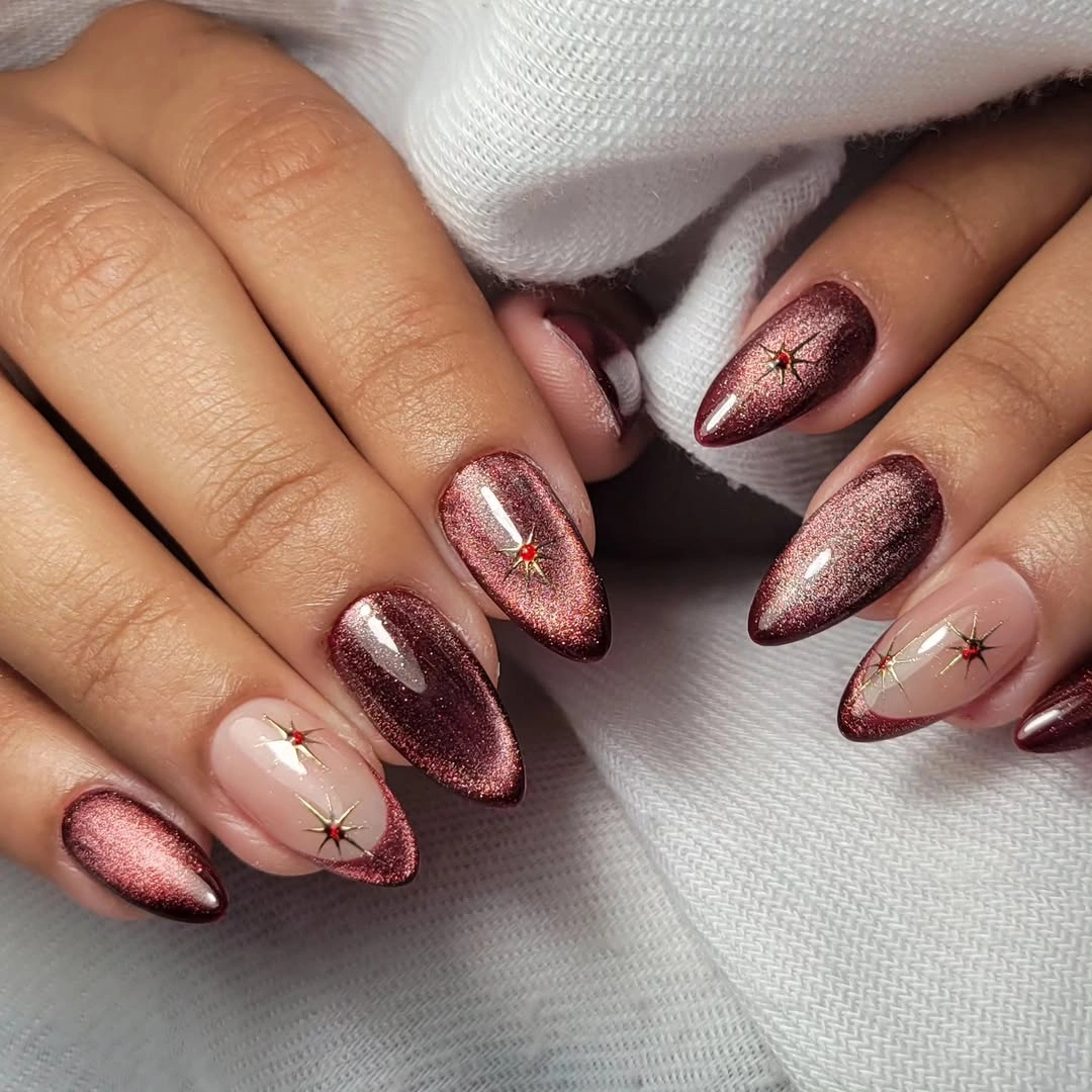 luxurious maroon fall nails 2026 Magnetic Maroon Glitter With Tiny Stars