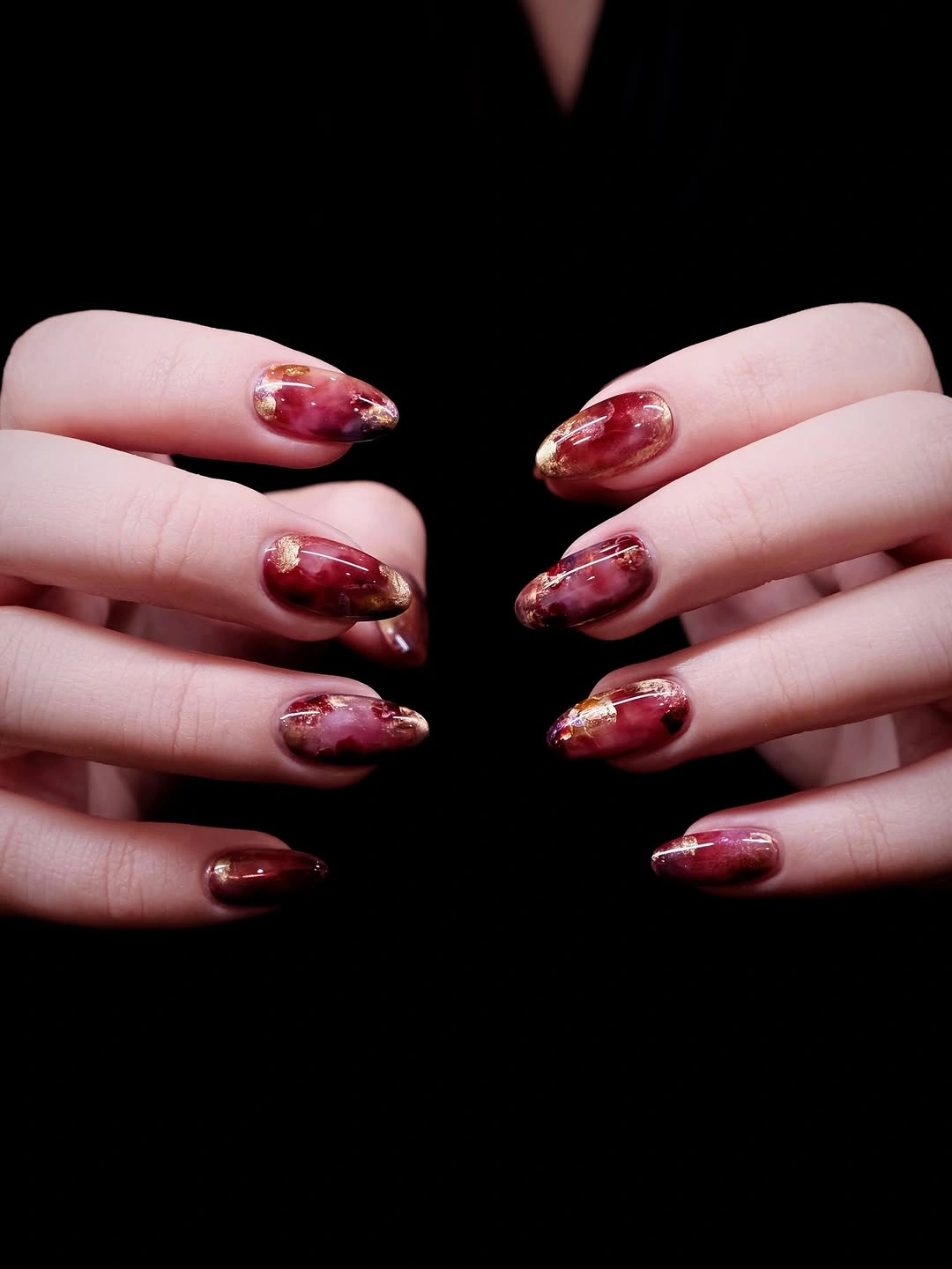 luxurious maroon fall nails 2026 Maroon Marble With Gold Foil