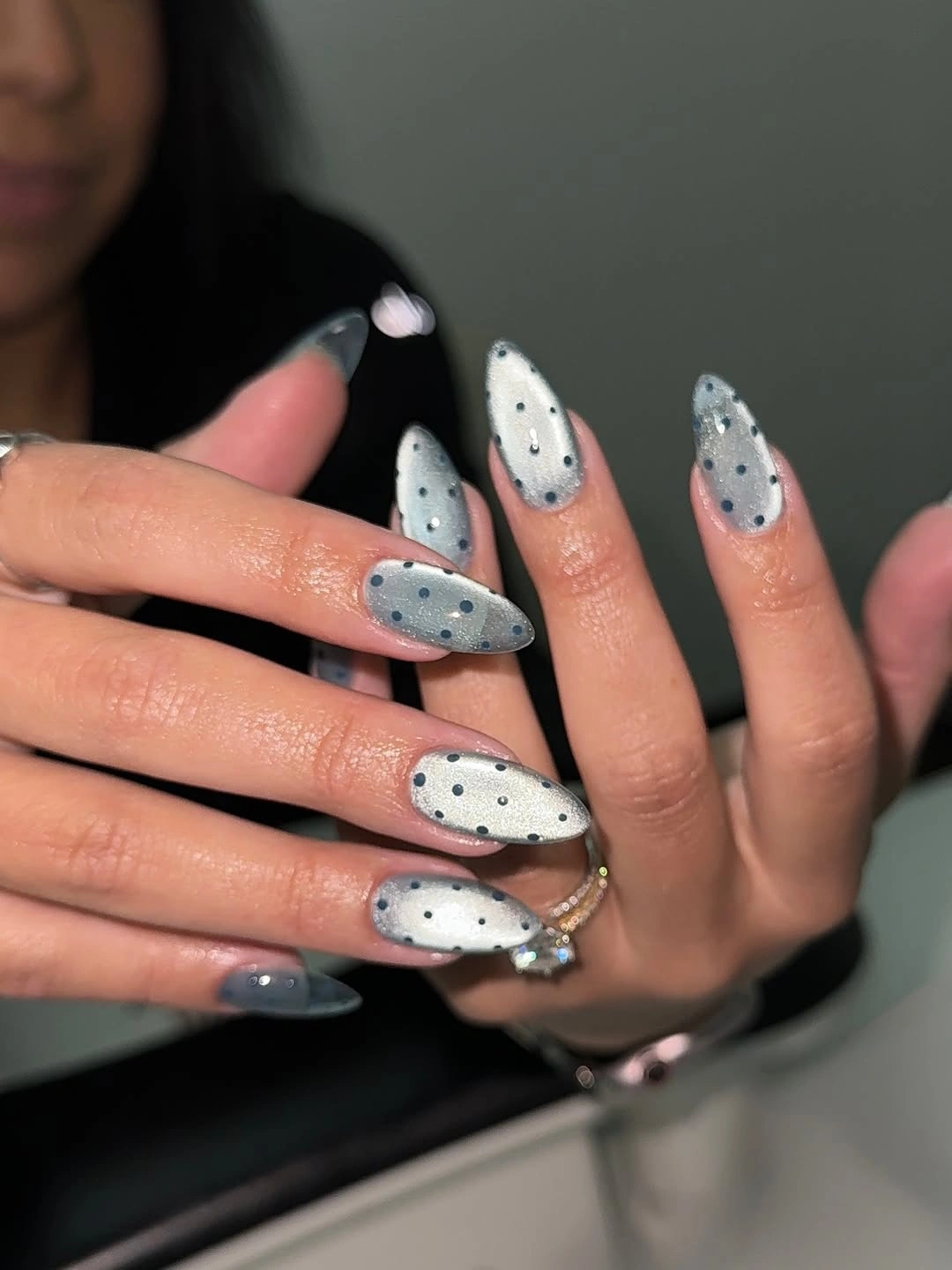 playful polka dot fall nails 2026 Silver Almond Polka Dot Nails With a Frosted Fall Finish
