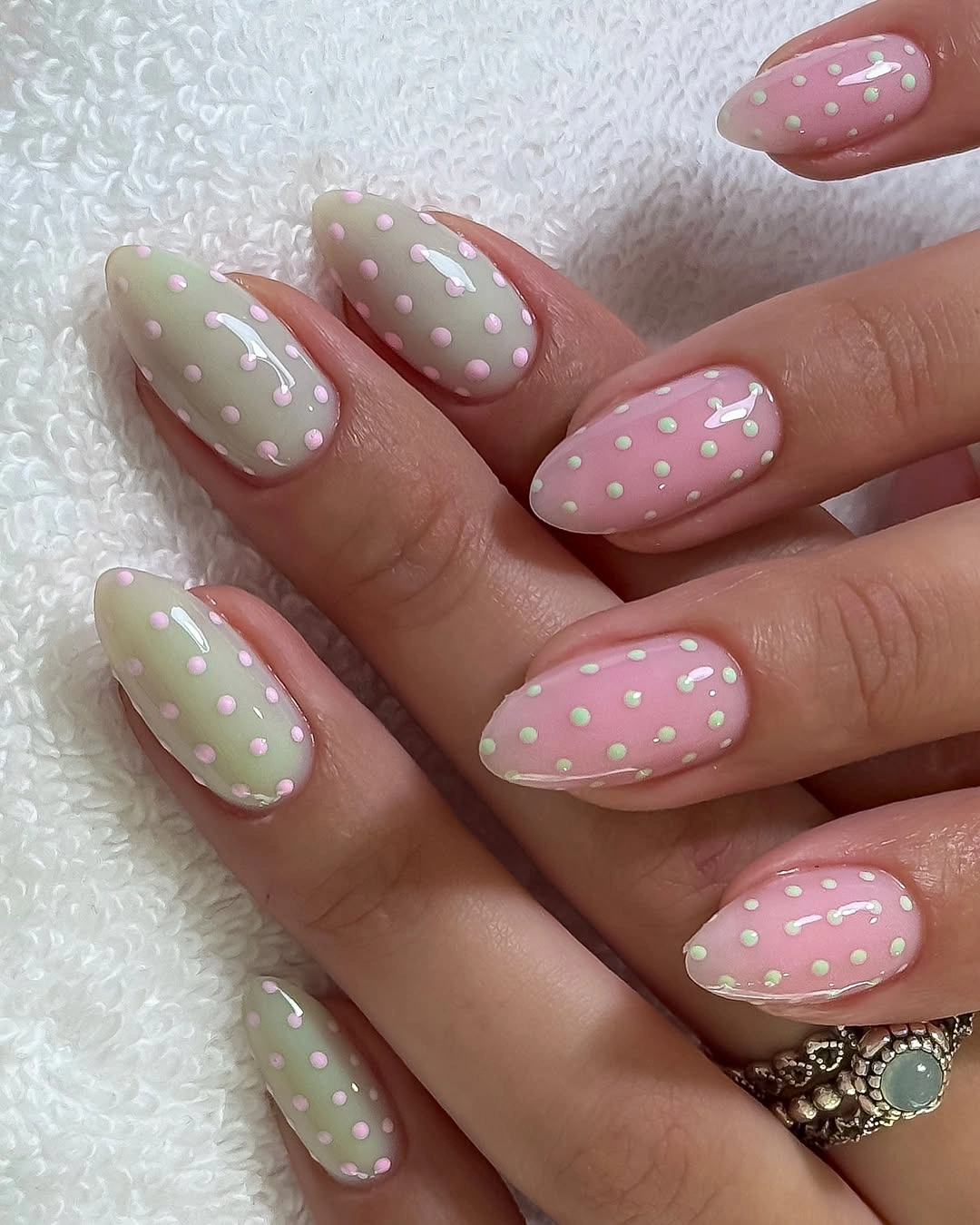 playful polka dot fall nails 2026 Pastel Pink and Green Polka Dot Nails