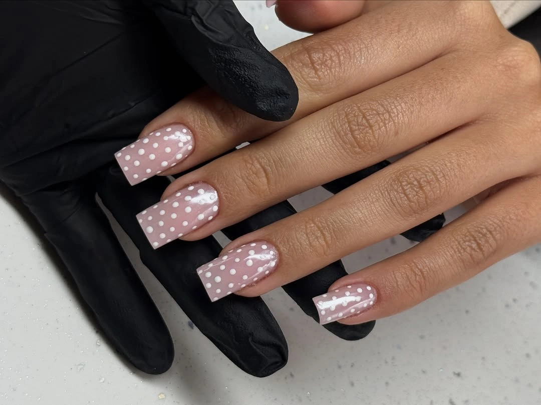 playful polka dot fall nails 2026 Soft Pink Square Nails With Classic White Dots