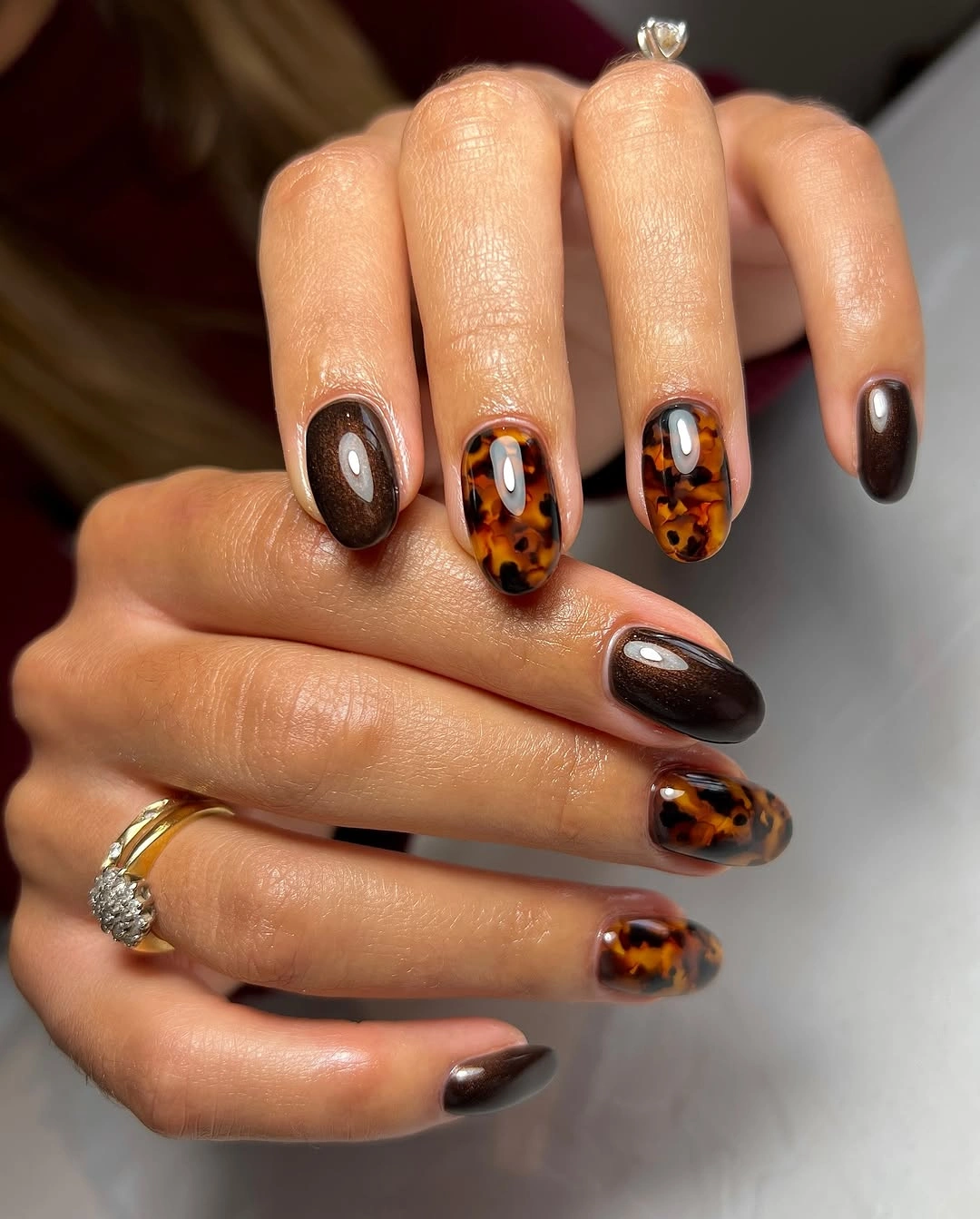 rich brown fall nails 2026 Glossy Chocolate and Tortoiseshell Elegance