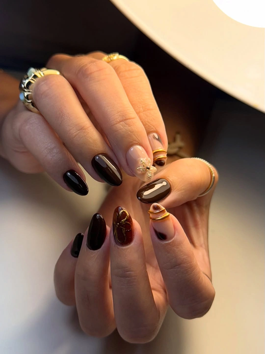 rich brown fall nails 2026 Espresso Accent Nails With Gold Details