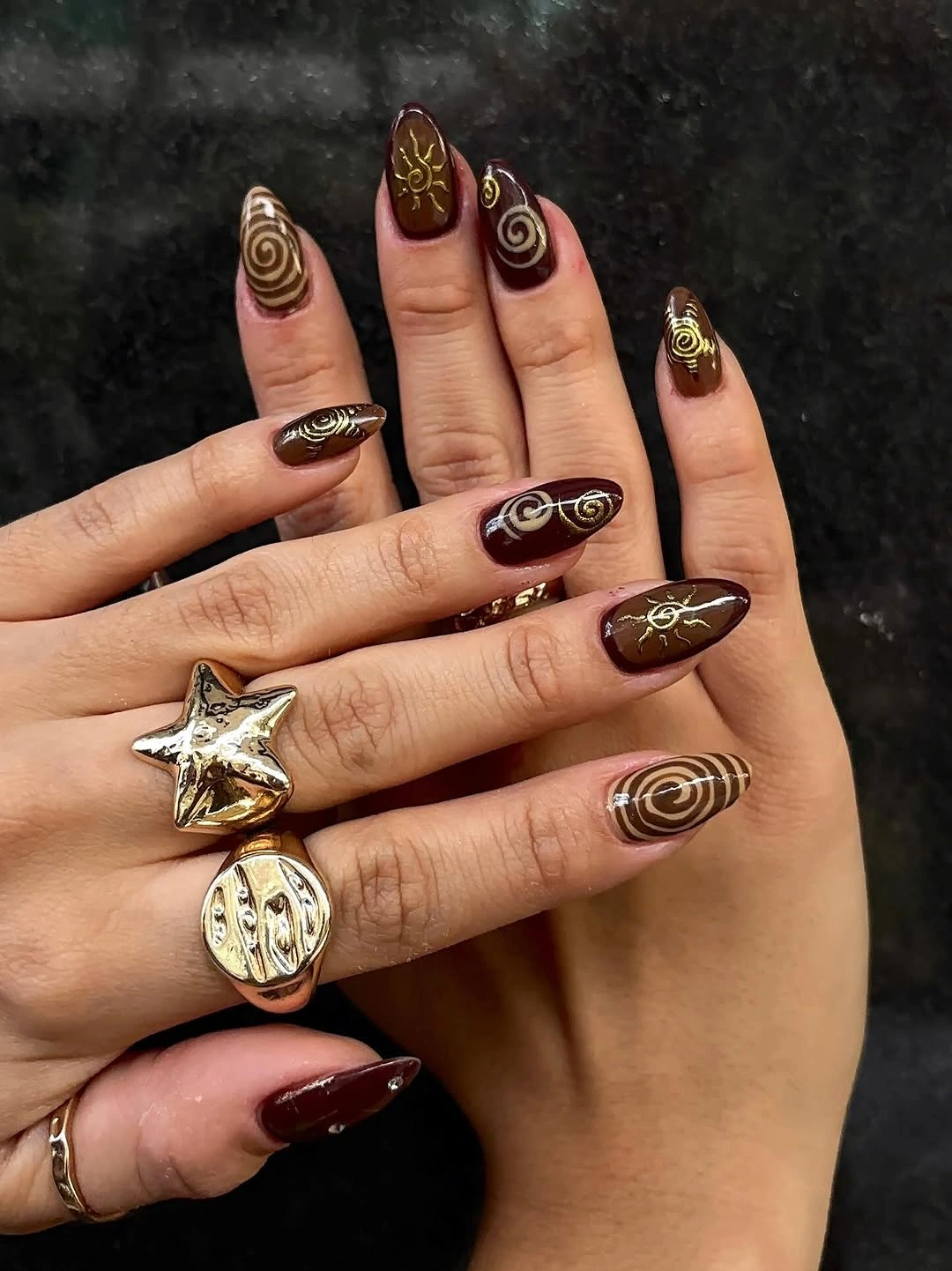 rich brown fall nails 2026 Deep Cocoa Nails With Golden Swirl Art