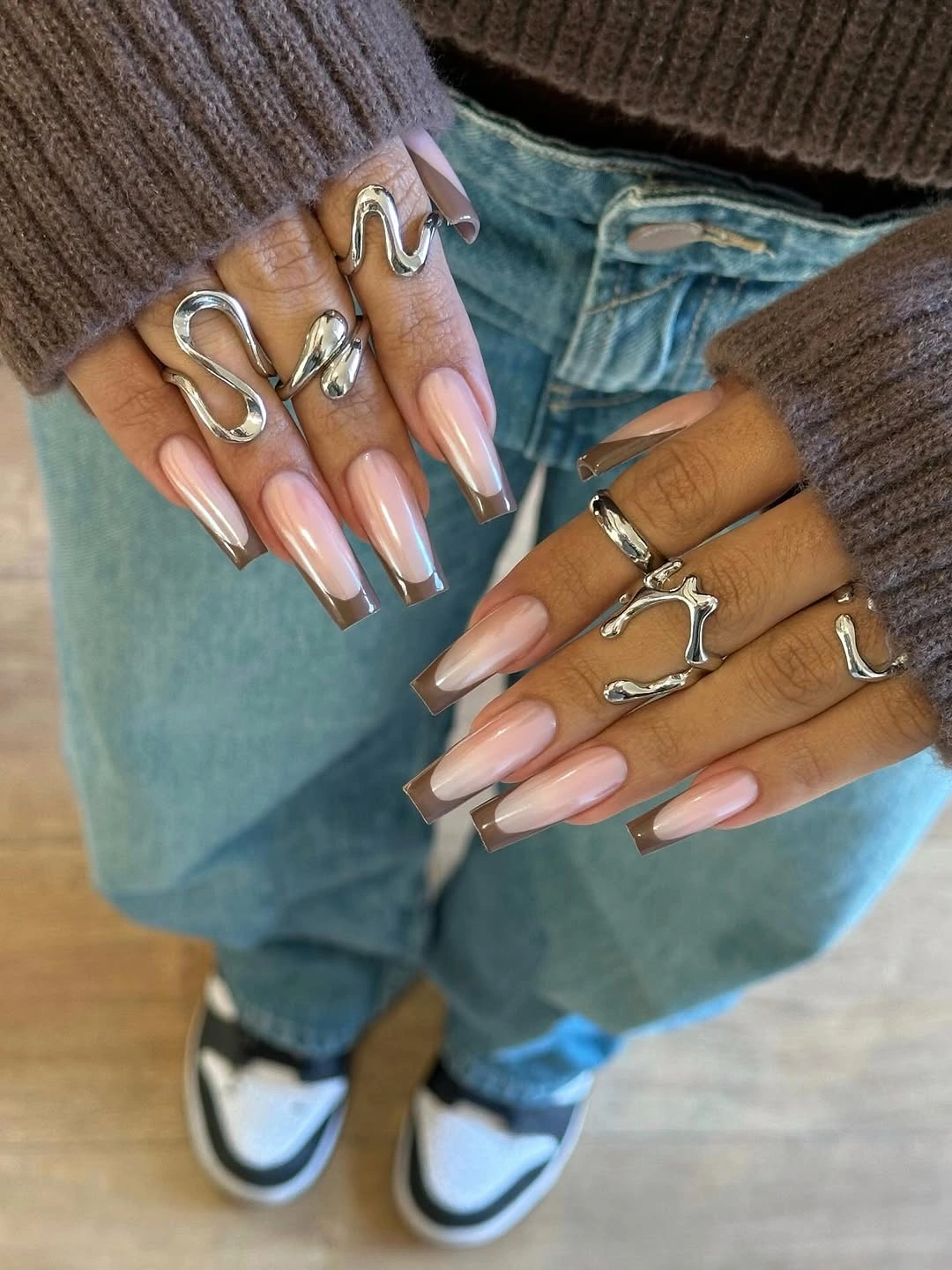 rich brown fall nails 2026 Chocolate French Chrome Square Nails