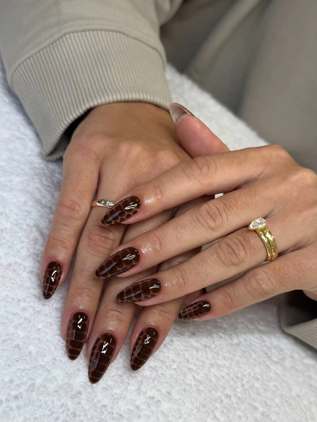 rich brown fall nails 2026 Glossy Crocodile Chocolate Nails