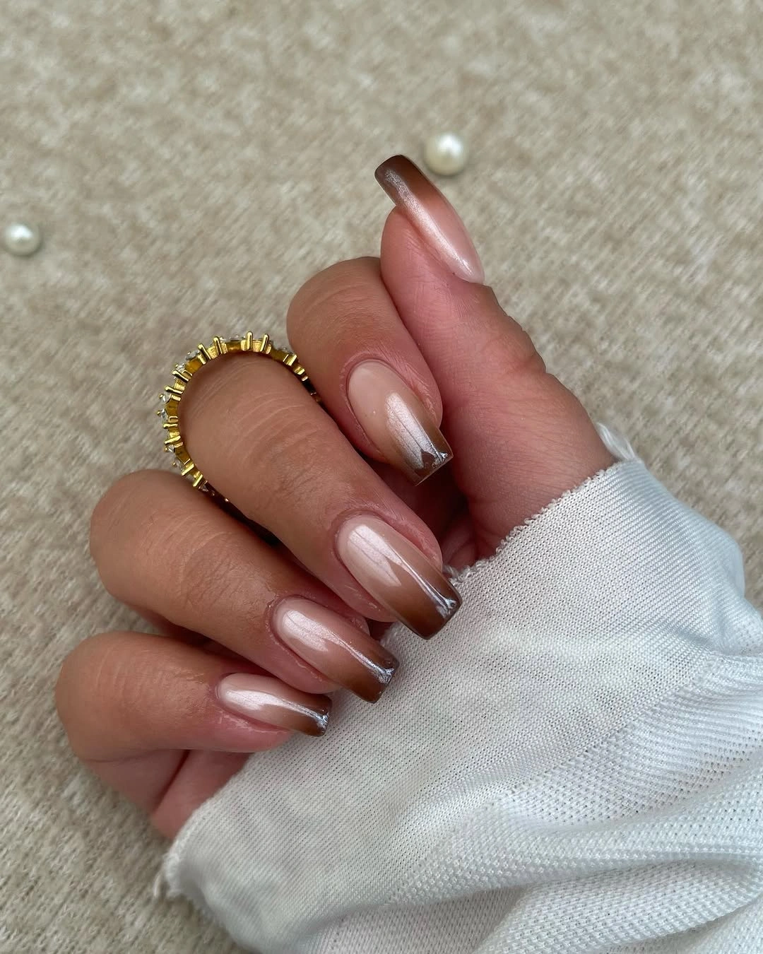 rich brown fall nails 2026 Soft Mocha Chrome Ombre Square Nails