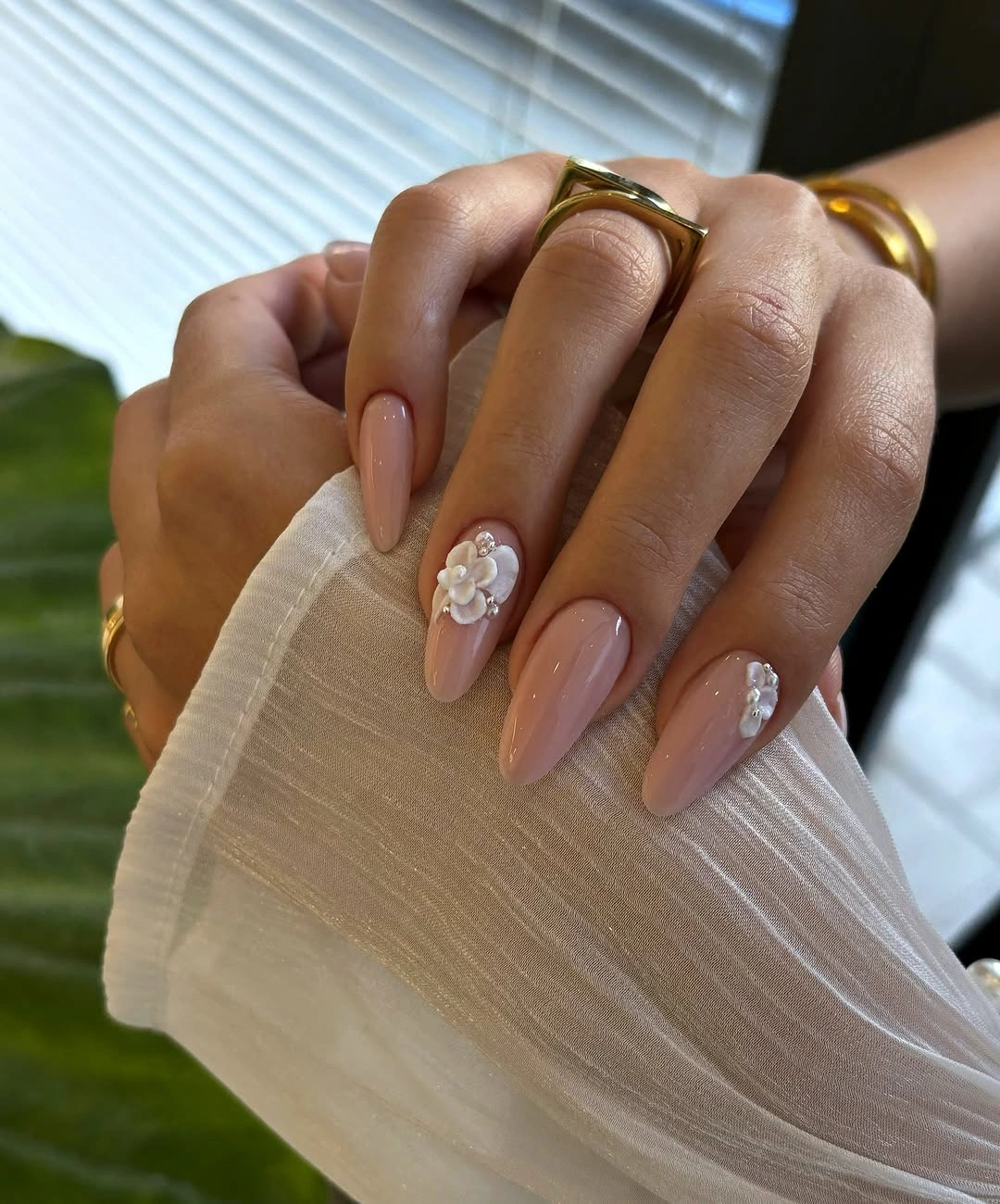 romantic fall wedding nails 2026 Soft Nude Florals With Sculpted Petals