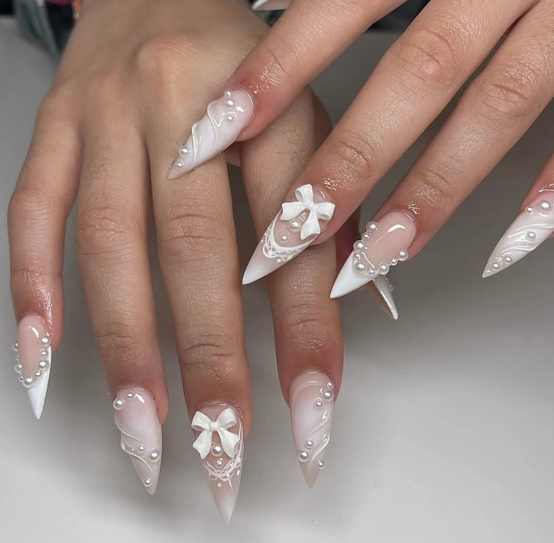 romantic fall wedding nails 2026 Romantic Pearls And Satin Bows