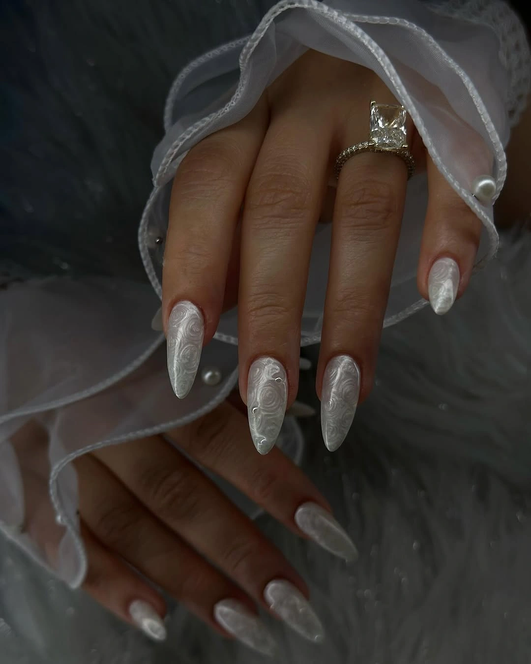 romantic fall wedding nails 2026 Pearlized Ivory With Velvet Swirls