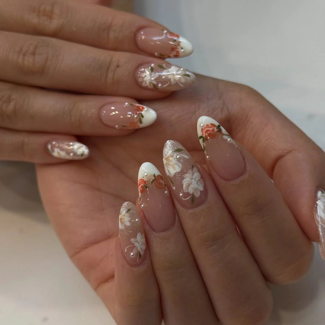 romantic fall wedding nails 2026 Soft Autumn Florals With Warm Ivory Accents